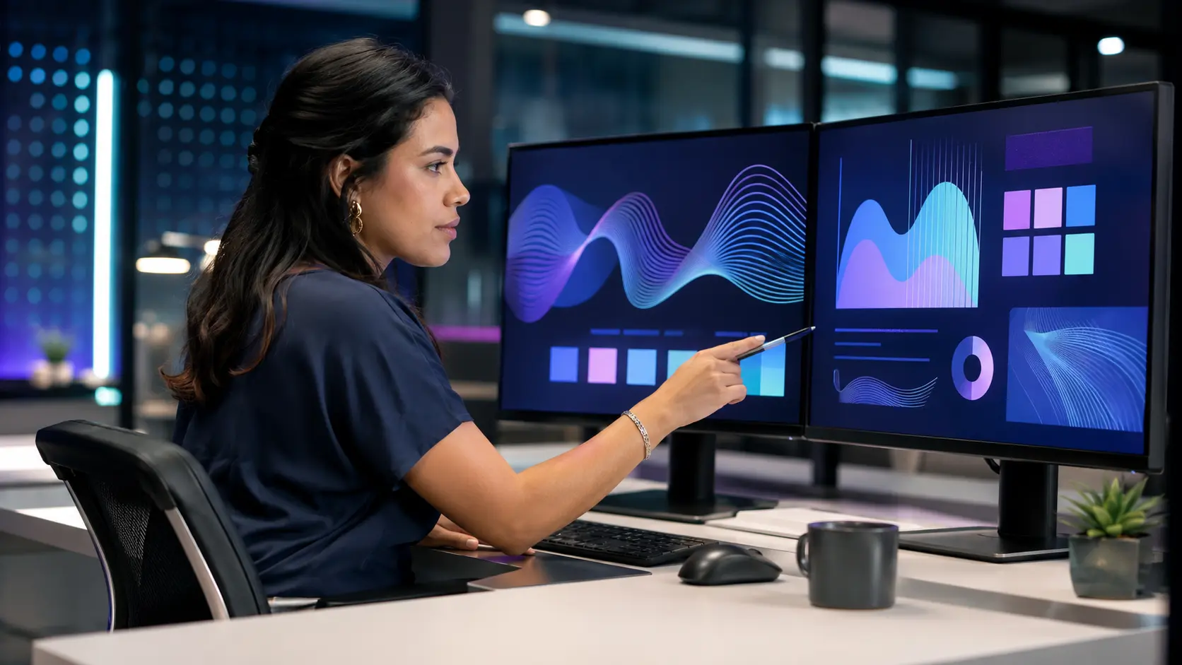 Especialista analizando campañas de publicidad digital en un estudio tecnológico