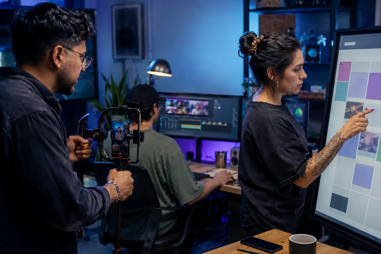 Equipo creativo produciendo y planificando contenido para redes sociales