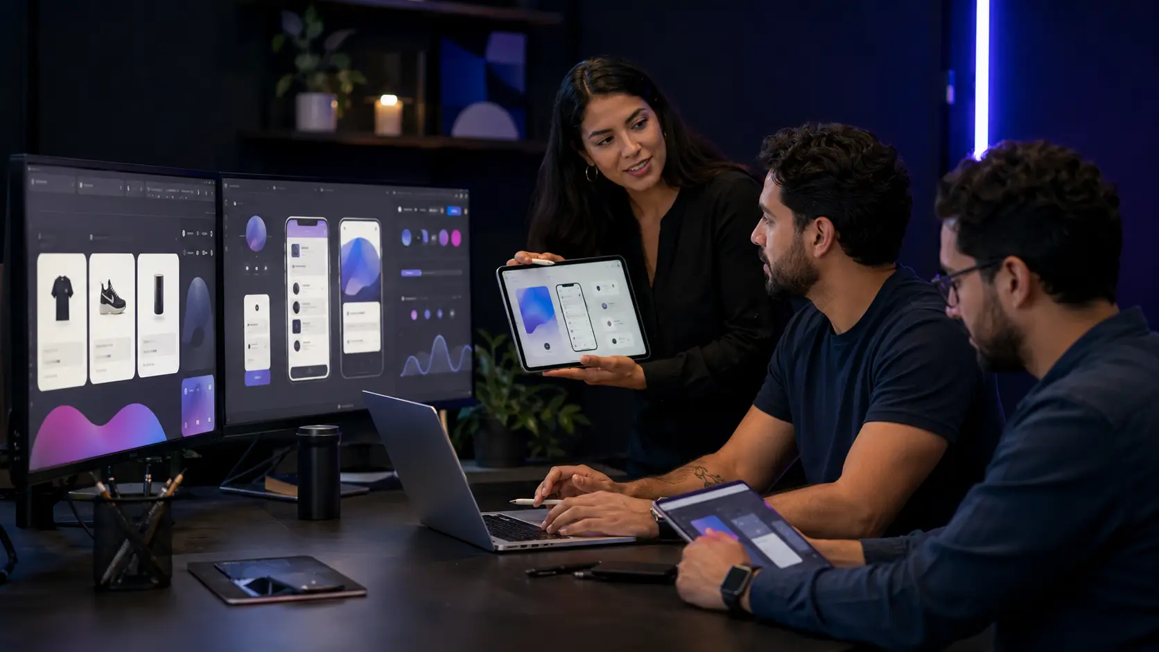 Equipo diseñando una página web y una aplicación en un estudio tecnológico
